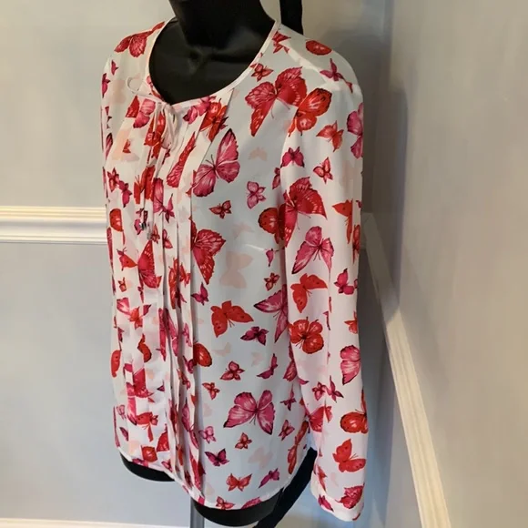 Jones New York Collection Butterfly Print Popover Blouse Size 8 - Picture 4 of 12